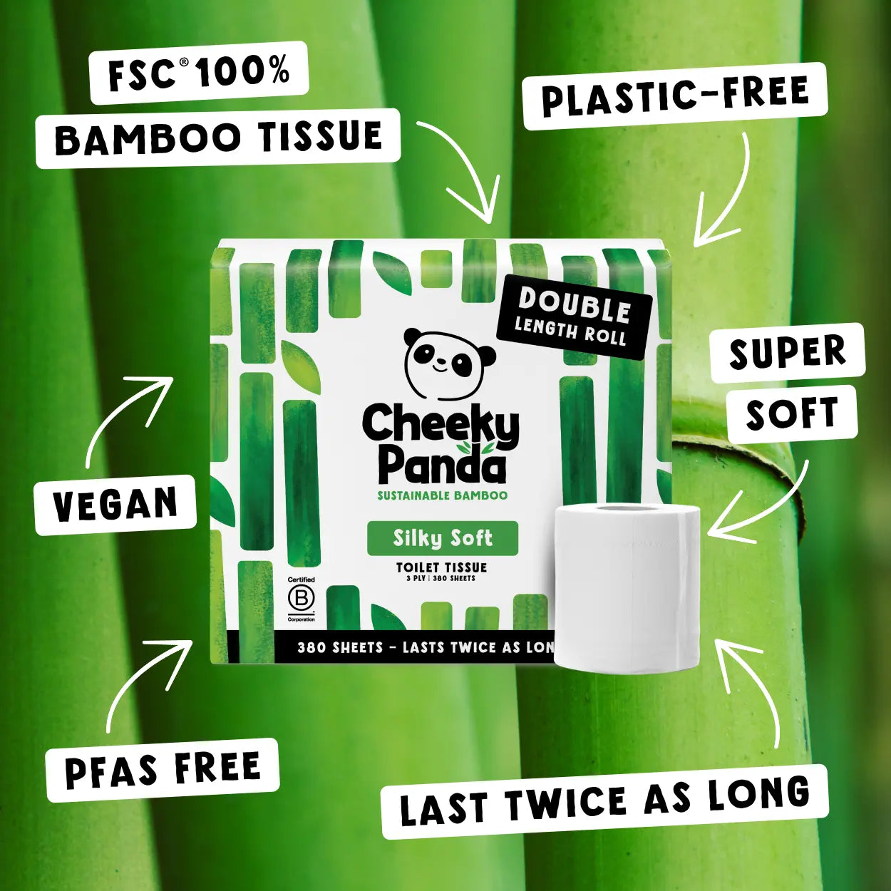 Cheeky Panda Silky Soft bamboo toilet tissue roll in a bamboo forest.