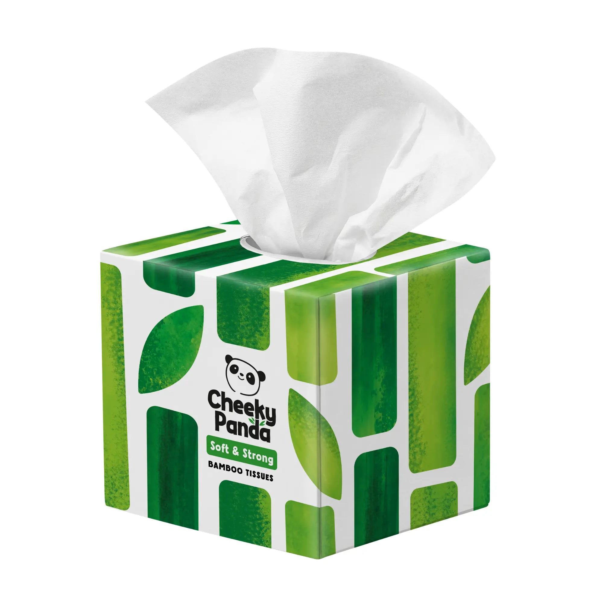 Cheeky Panda cube tissue box with a tissue pulled out.
