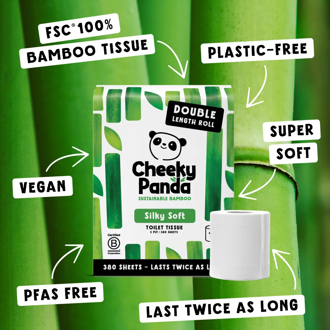 Cheeky Panda Silky Soft bamboo toilet tissue in a bamboo forest setting.