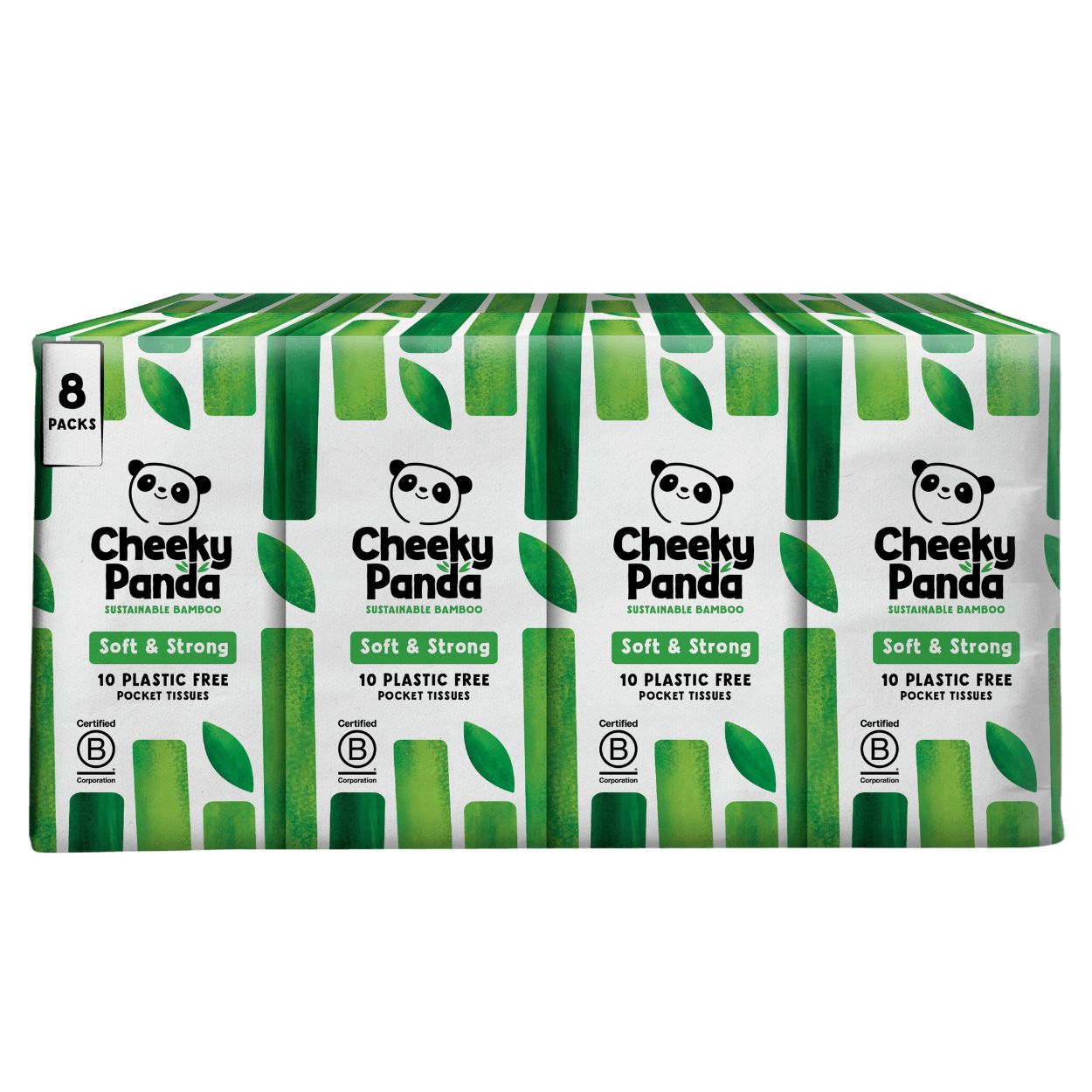 Packaging of Cheeky Panda pocket tissues with green and white design.
