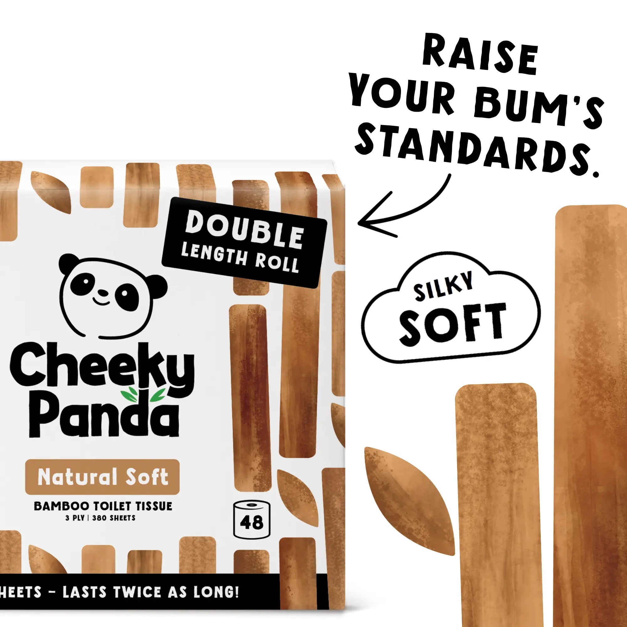 A pack of Cheeky Panda toilet tissue with text 'Raise Your Bum's Standards. Silky Soft'.