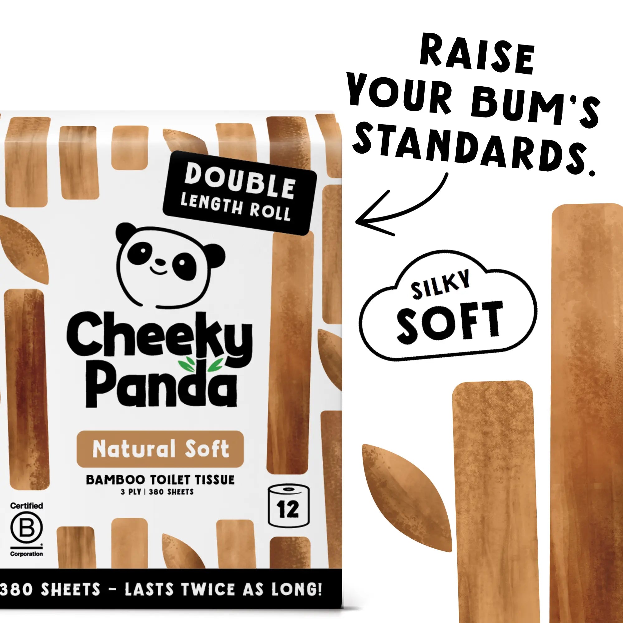 A pack of Cheeky Panda toilet tissue with text 'Raise Your Bum's Standards. Silky Soft'.