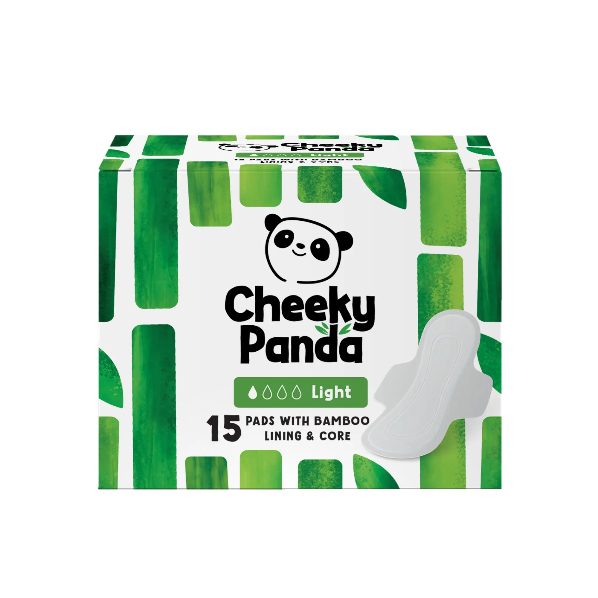 A box of Cheeky Panda light flow bamboo period pads with a pad shown outside the box.