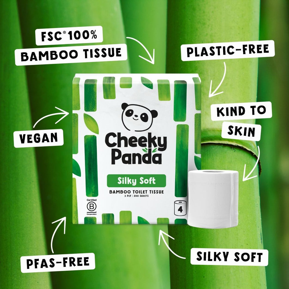 Cheeky Panda Silky Soft bamboo toilet tissue with features like plastic-free and vegan highlighted.