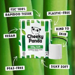 Cheeky Panda Silky Soft bamboo toilet tissue with features like plastic-free and vegan highlighted.