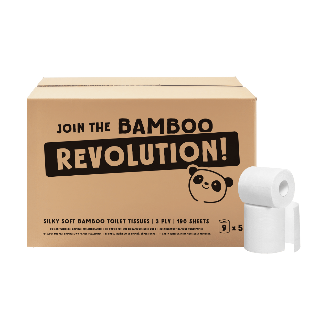 Cardboard box of bamboo toilet paper with a roll on a white background