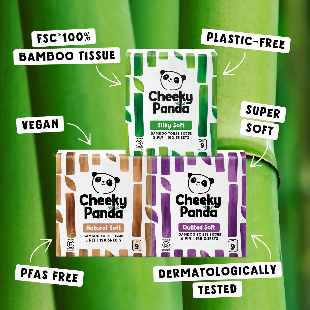 Three packs of Cheeky Panda bamboo toilet tissue arranged on a green bamboo stem background, with white callout labels highlighting features such as FSC 100% bamboo tissue, plastic-free packaging, vegan, super soft, natural soft, quilted soft, PFAS free, and dermatologically tested.
