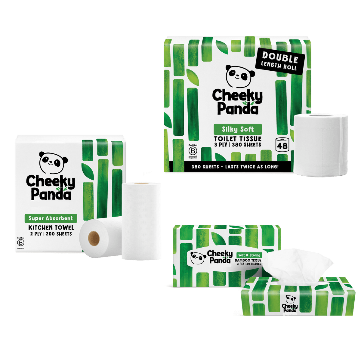Cheeky Panda sustainable bamboo products including toilet tissue, kitchen towels, and wipes on a black background.