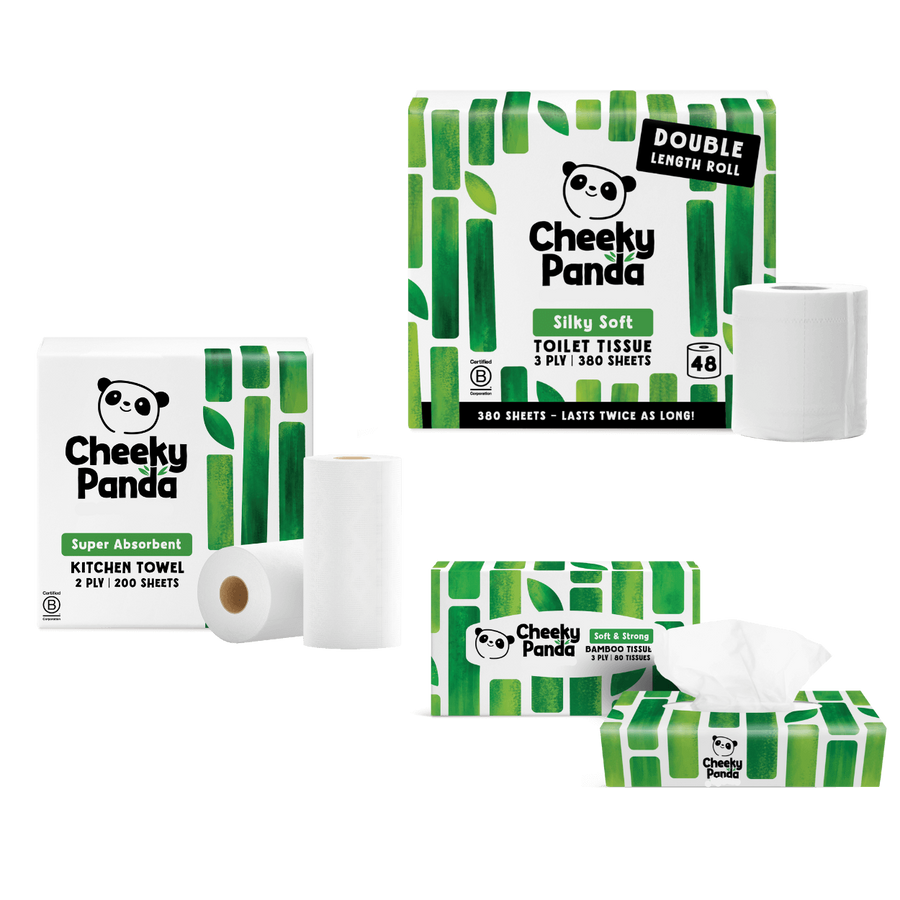 Cheeky Panda sustainable bamboo products including toilet tissue, kitchen towels, and wipes on a black background.