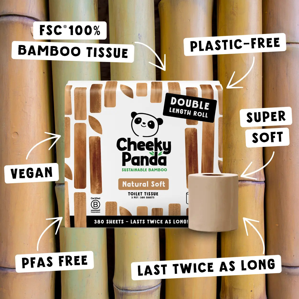 Cheeky Panda's FSC 100% bamboo toilet tissue, plastic-free, vegan, super soft, and PFAS-free.