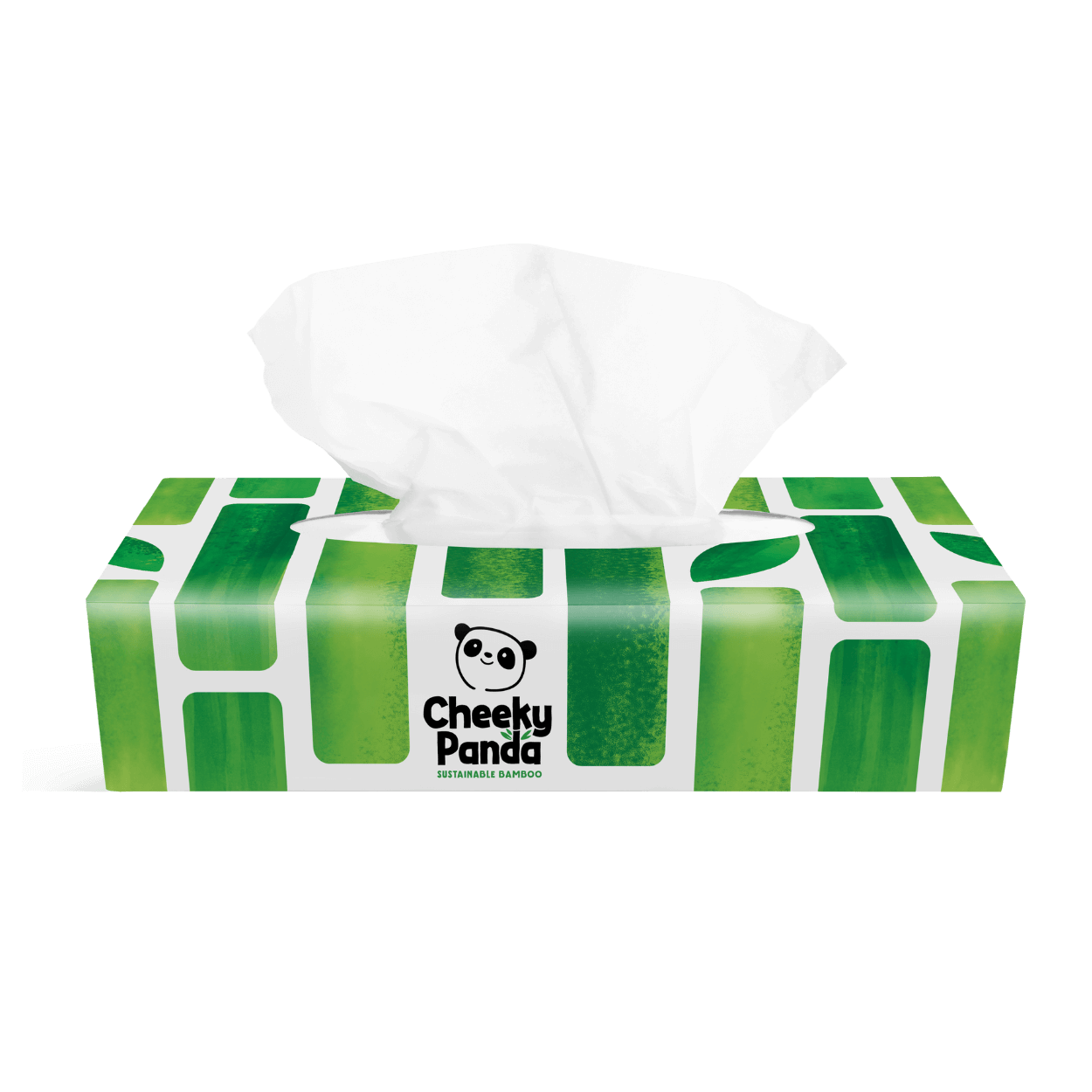 Green and white tissue box with 'Cheeky Panda' branding on a black background