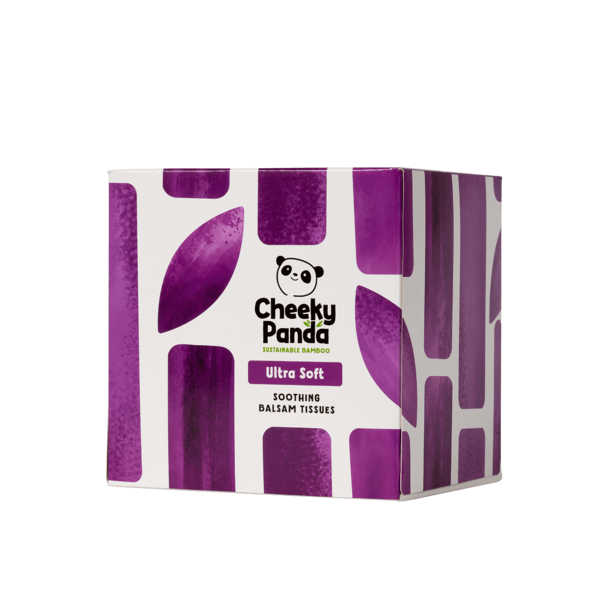 Box of Cheeky Panda ultra soft tissues with purple design on a black background