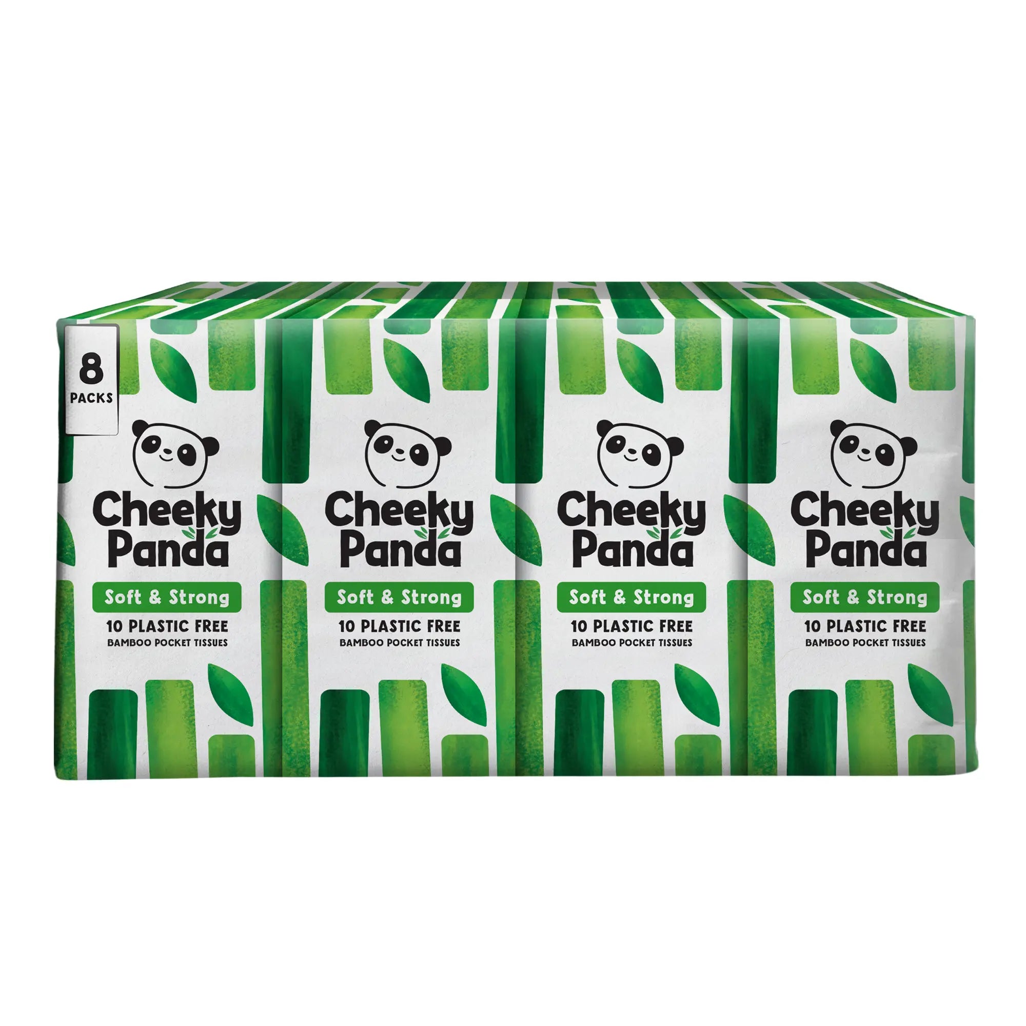 An 8-pack of Cheeky Panda bamboo pocket tissues, showing four packets on the front.