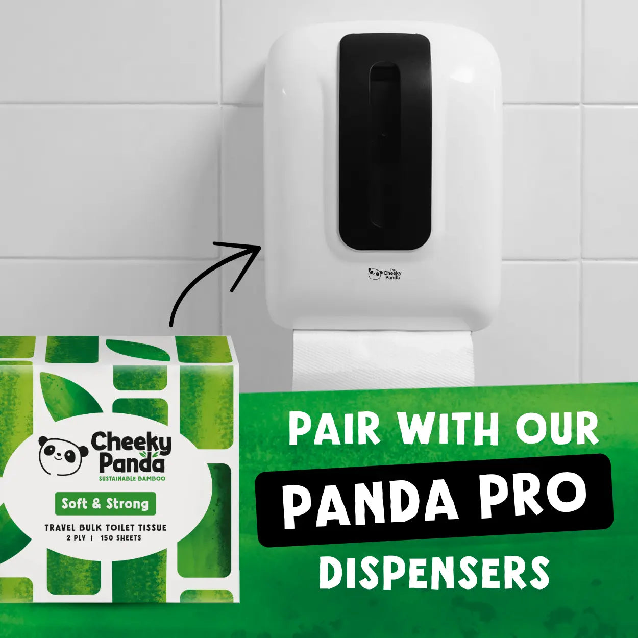 Cheeky Panda tissue next to a dispenser, promoting Panda Pro dispensers.