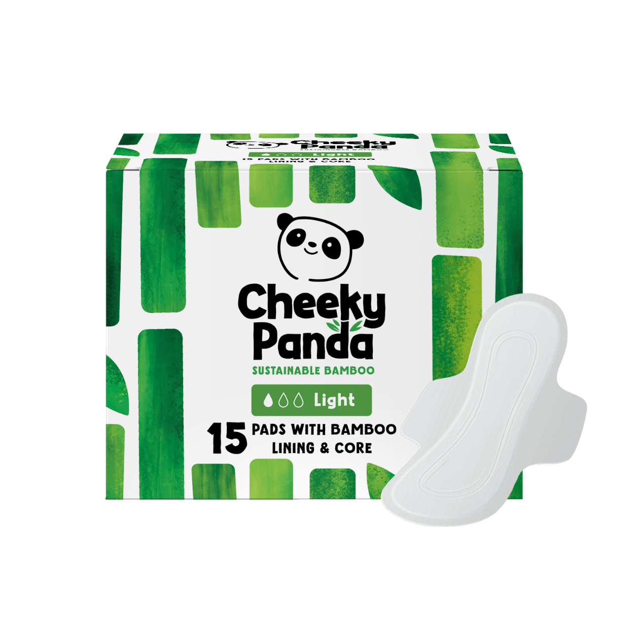 Cheeky Panda sustainable bamboo pads for light flow packaging with a white pad on a black background