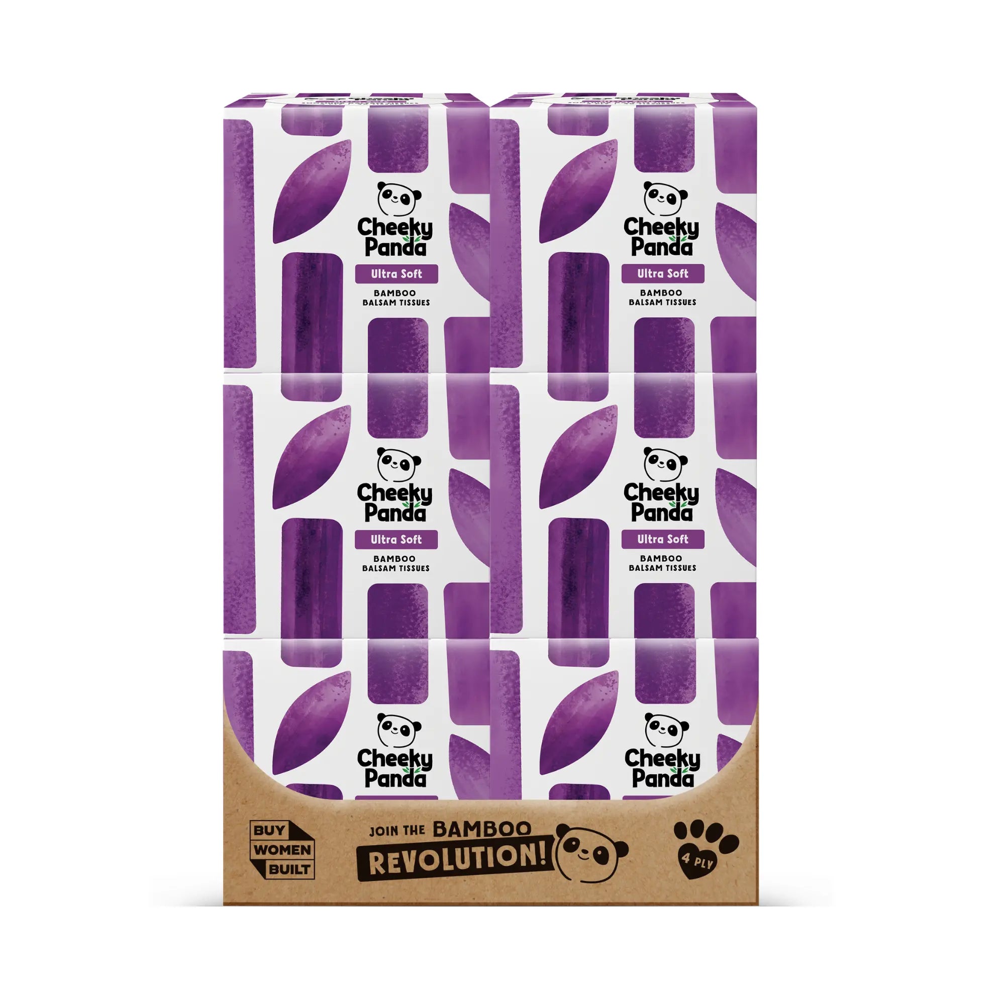 A cardboard tray containing six boxes of Cheeky Panda Ultra Soft Bamboo Balm Tissues.