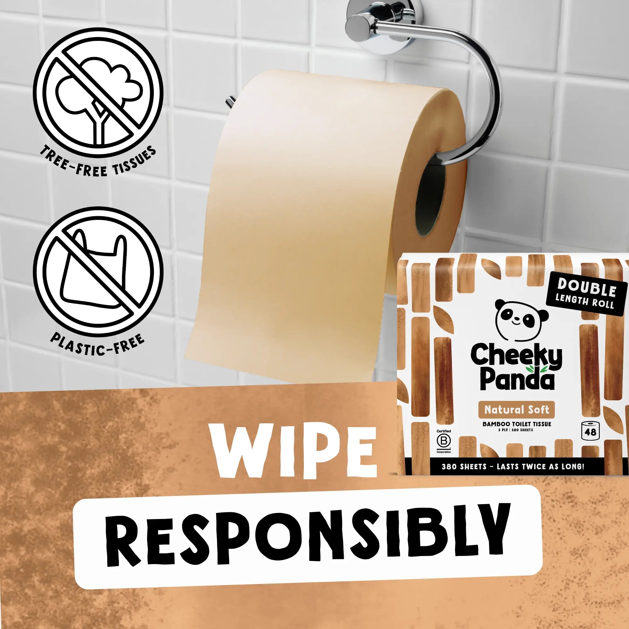 A roll of Cheeky Panda toilet tissue on a holder with text 'Wipe Responsibly' and eco icons.