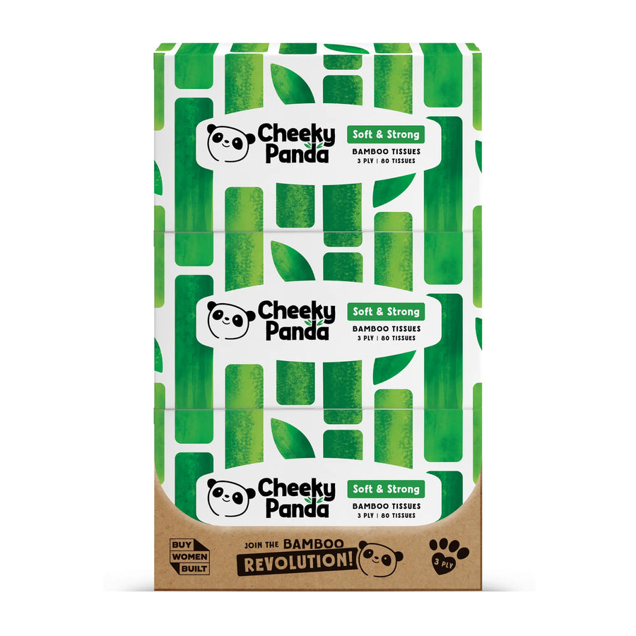 Stack of three Cheeky Panda tissue boxes, inviting to 'Join the Bamboo Revolution!'