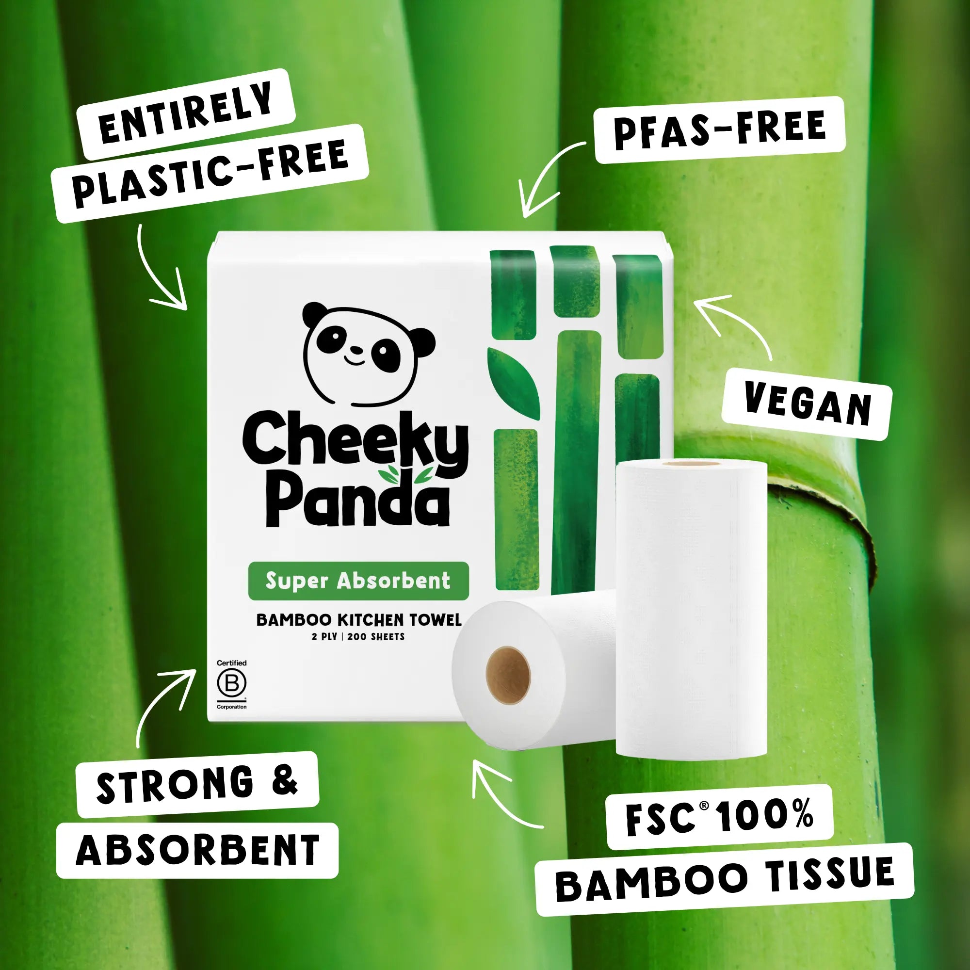 Cheeky Panda kitchen towel packaging and roll, highlighting plastic-free, PFAS-free, vegan, strong, absorbent, and FSC 100% bamboo tissue.