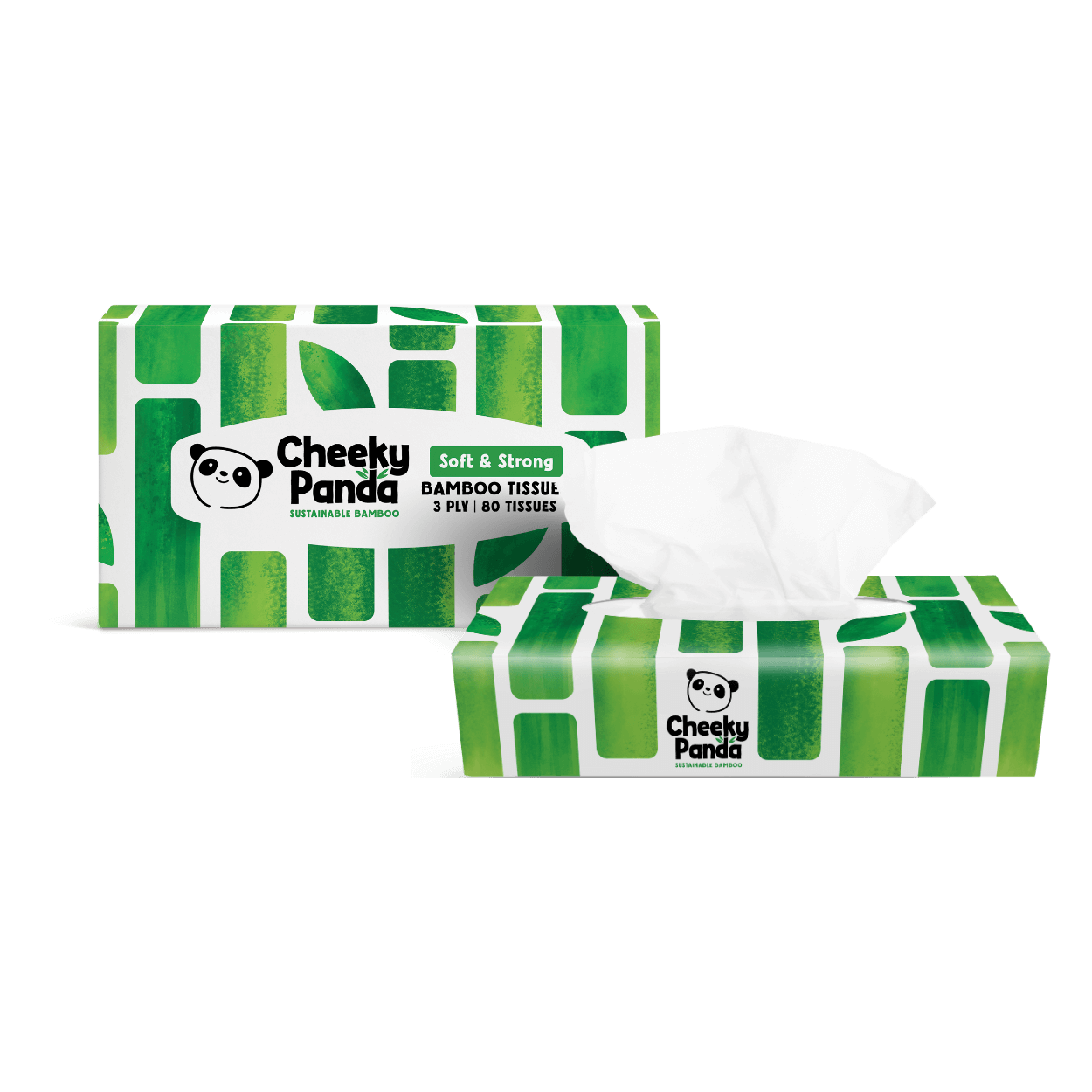 Cheeky Panda bamboo tissues with green and white design on a black background
