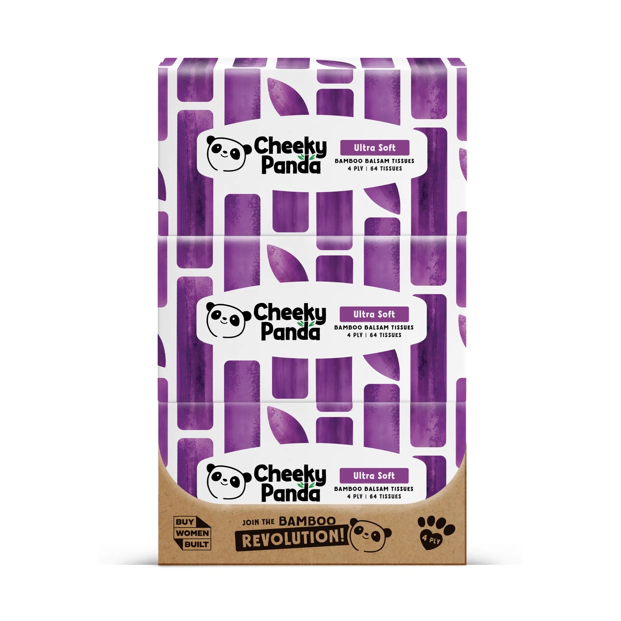 A pack of three Cheeky Panda Ultra Soft bamboo balsam tissue boxes, encouraging a 'bamboo revolution'.