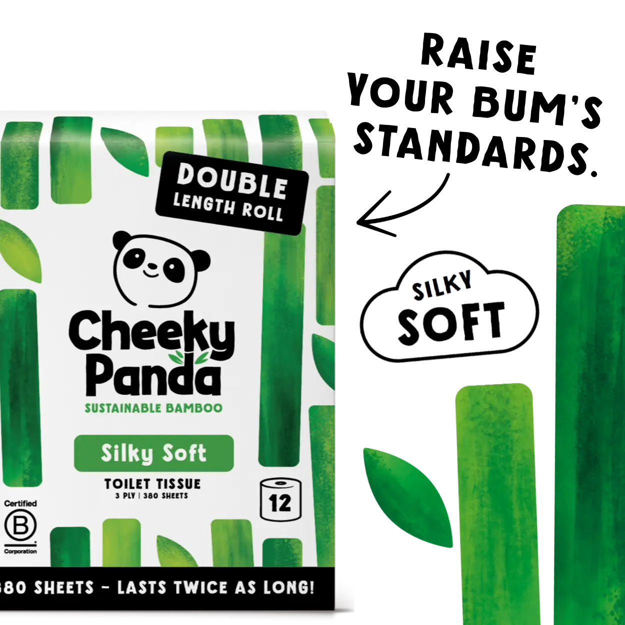 Cheeky Panda sustainable bamboo toilet paper packaging with text 'Raise your bum's standards' and 'Silky Soft'.