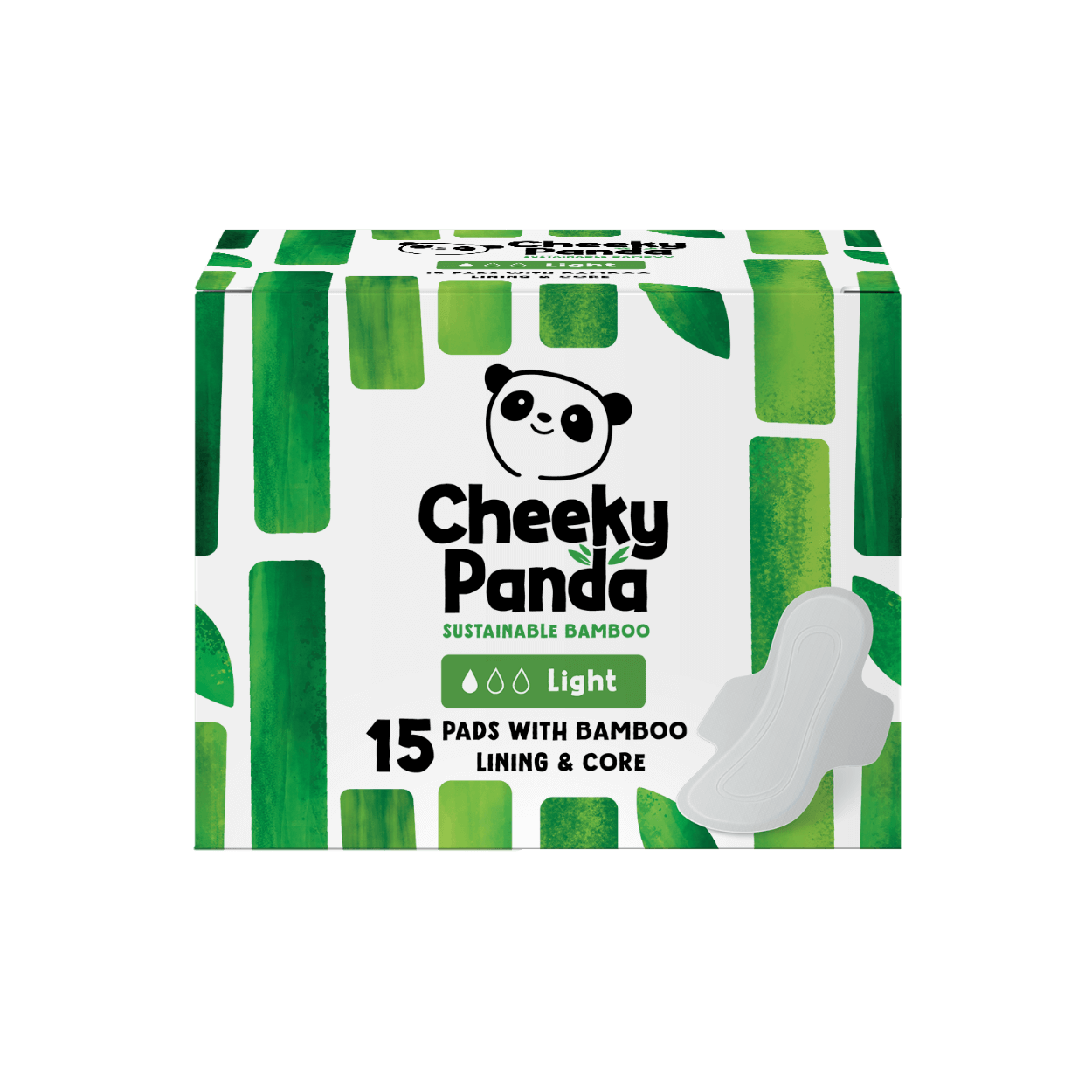 Box of Cheeky Panda sustainable bamboo pads for light flow with green and white design.