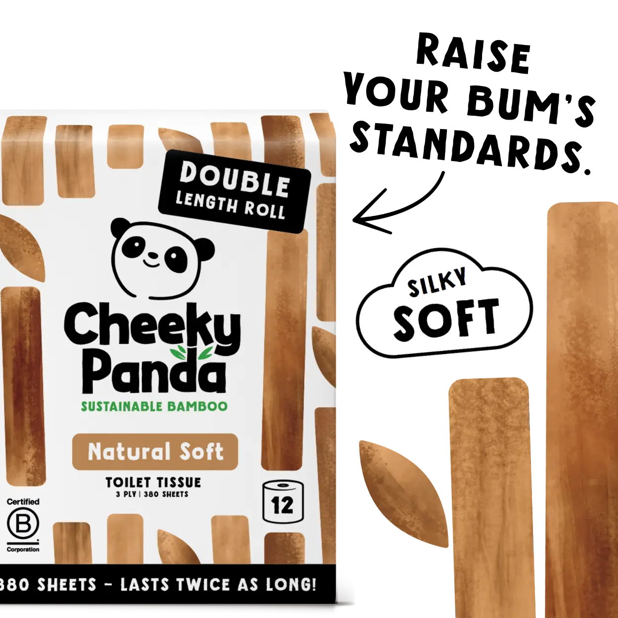 Cheeky Panda bamboo toilet paper packaging with text and branding elements.