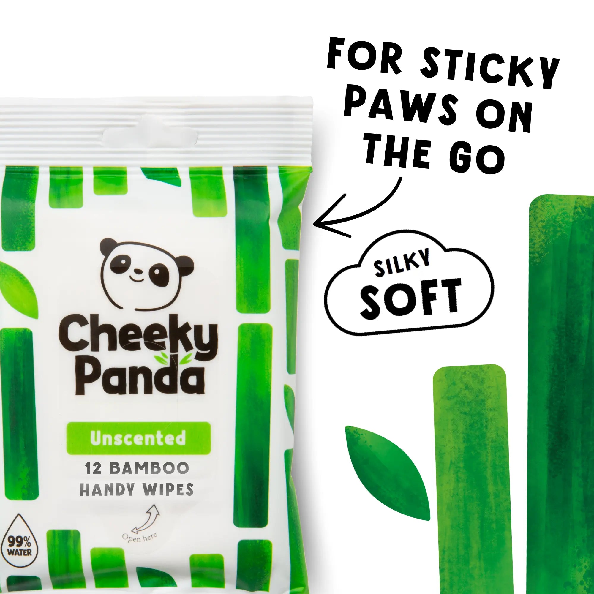 Cheeky Panda Unscented 12 Handy Wipes pack with text 'For sticky paws on the go' and 'Silky soft'.