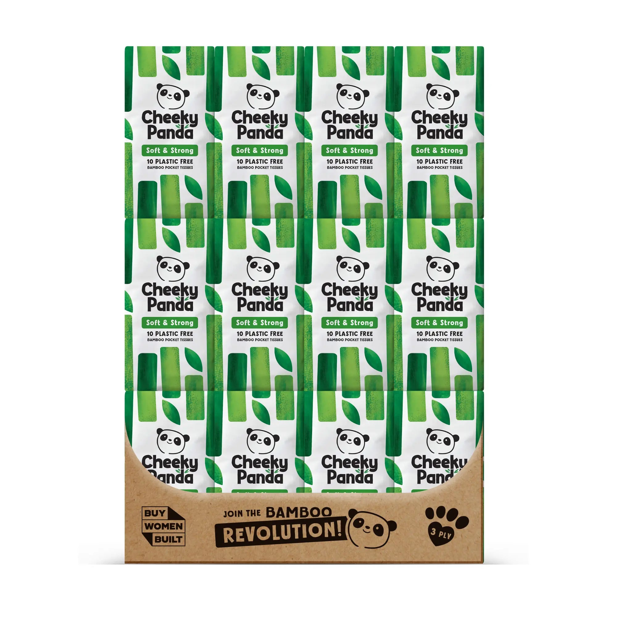 A display box containing multiple packets of Cheeky Panda bamboo pocket tissues, ready for retail.