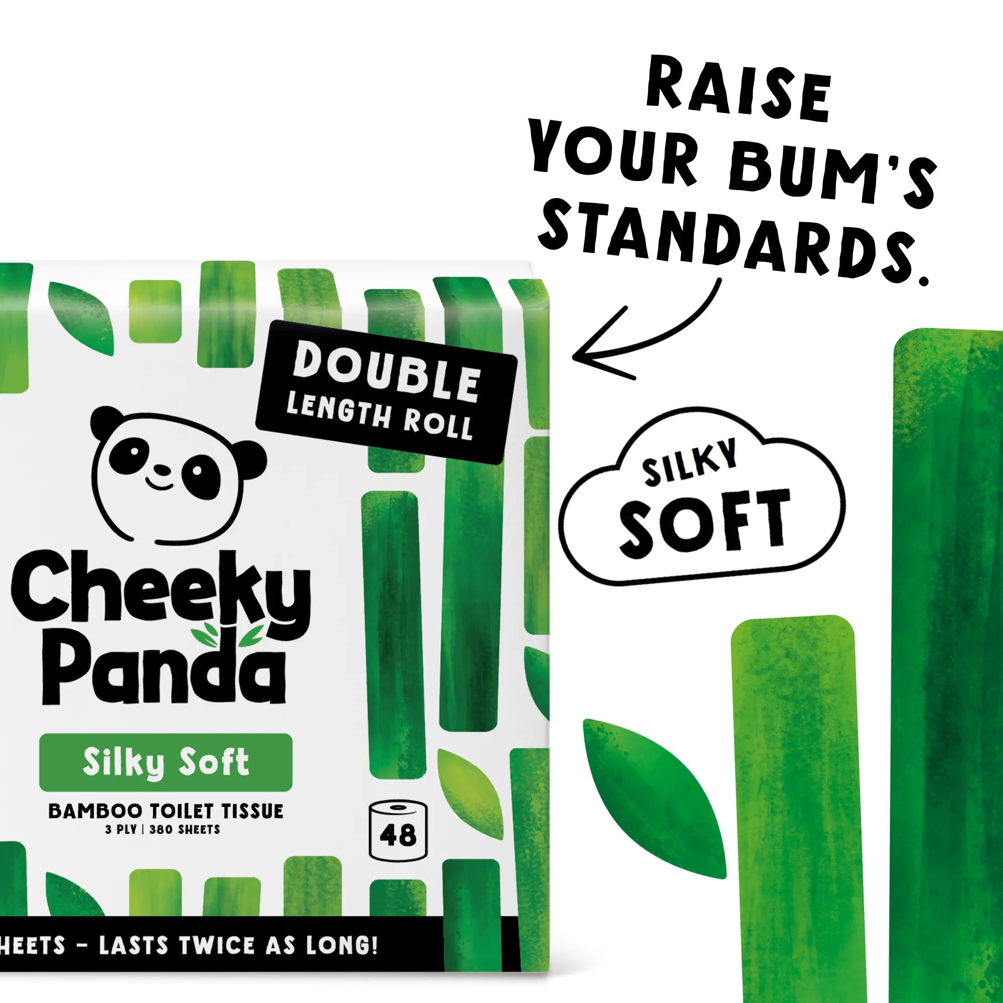 Cheeky Panda toilet tissue pack, highlighting 'Silky Soft' quality to 'Raise your bum's standards'.