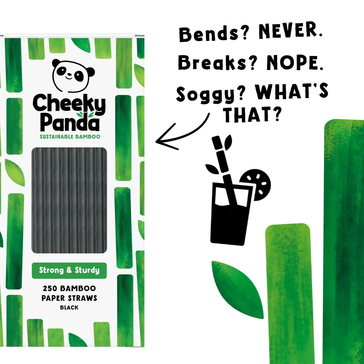 Cheeky Panda bamboo paper straws packaging with text and illustrations.