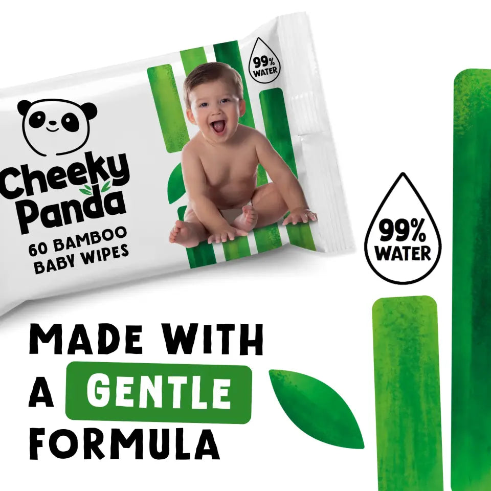A packet of Cheeky Panda 60 Bamboo Baby Wipes, highlighting a gentle 99% water formula.