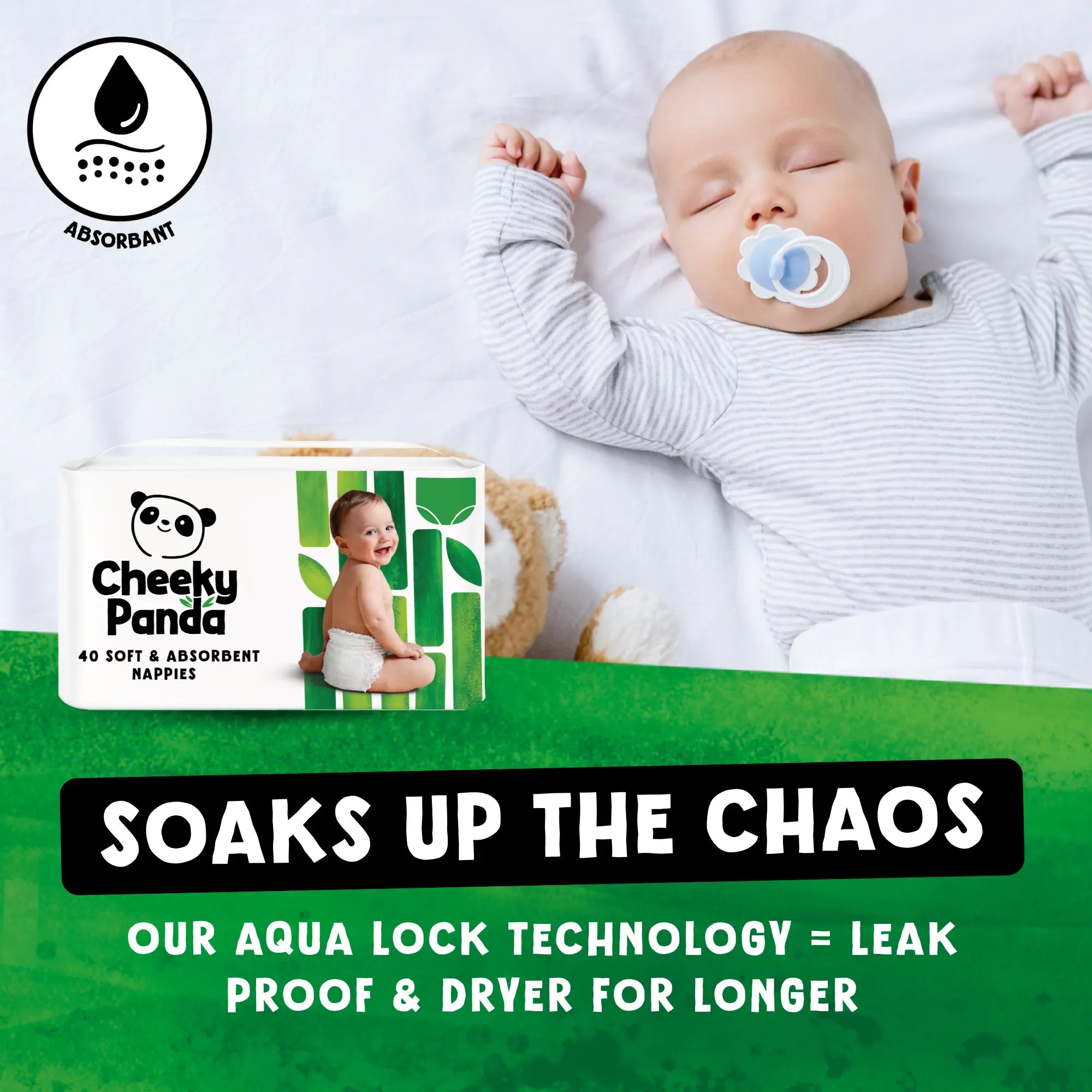 A sleeping baby with Cheeky Panda nappies, highlighting 'Aqua Lock Technology' for dryness.