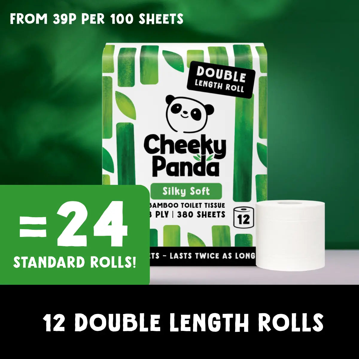 Cheeky Panda Bamboo Toilet Tissue Double Length Roll packaging shown with a roll of white toilet tissue on a dark green background, with promotional text stating 12 double length rolls and 24 standard rolls.
