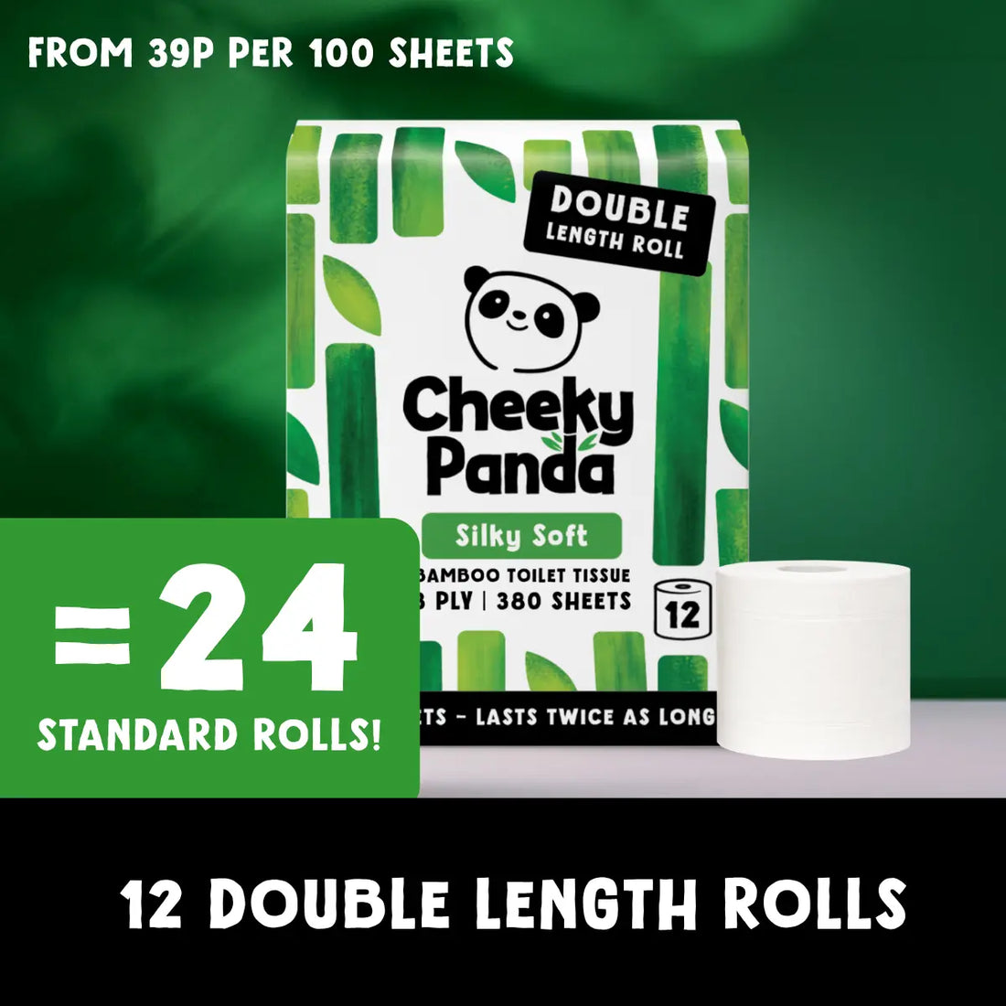Cheeky Panda Bamboo Toilet Tissue Double Length Roll packaging shown with a roll of white toilet tissue on a dark green background, with promotional text stating 12 double length rolls and 24 standard rolls.