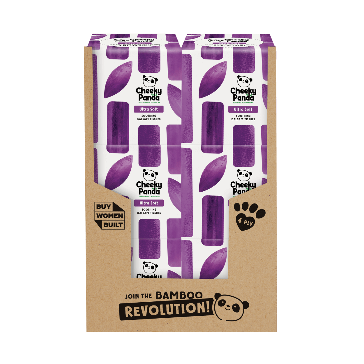 Cheeky Panda ultra-soft bamboo toilet paper packaging with purple leaves on a brown background.