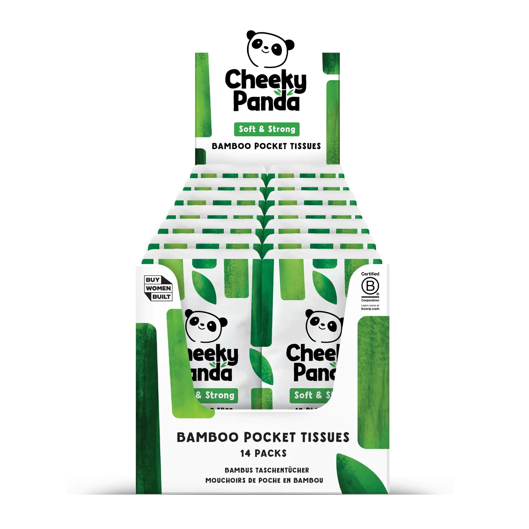 A retail display box of 14 packs of Cheeky Panda bamboo pocket tissues.