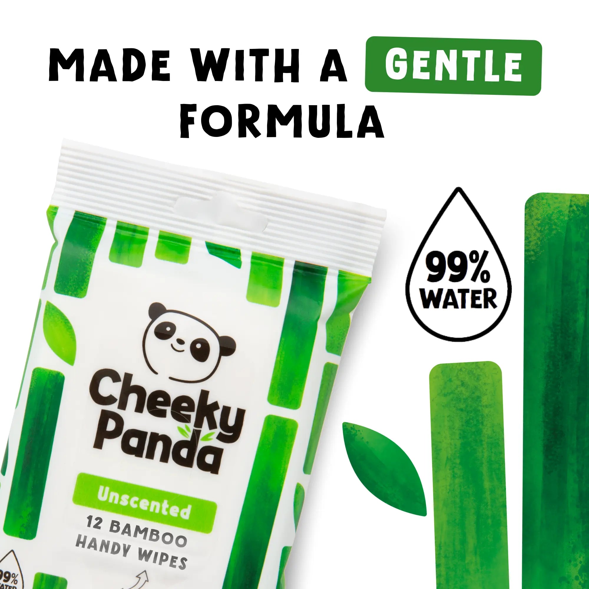 Cheeky Panda Unscented 12 Handy Wipes pack with text 'Made with a gentle formula' and '99% water'.