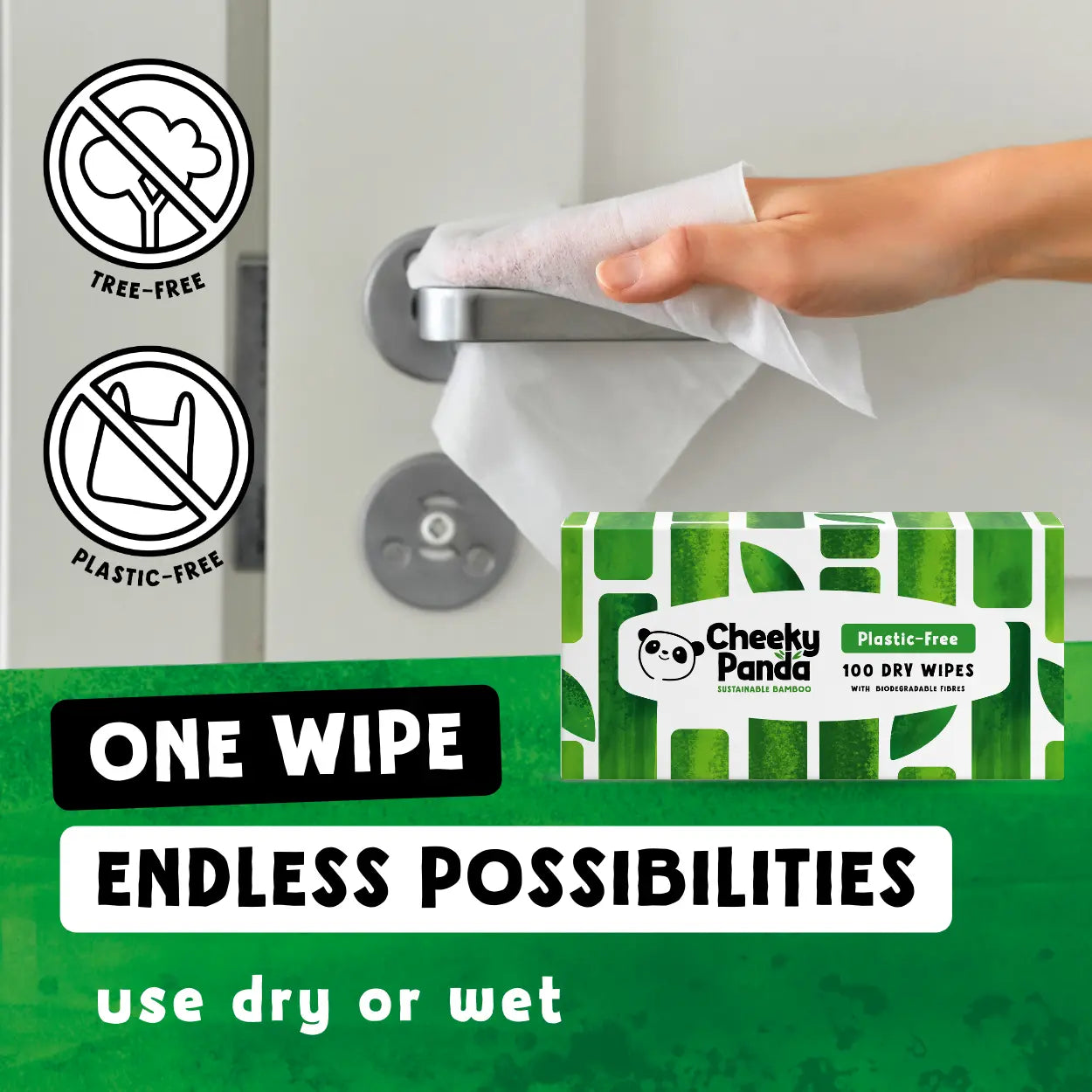 Cheeky Panda plastic-free dry wipes with a hand using a wipe and product packaging.