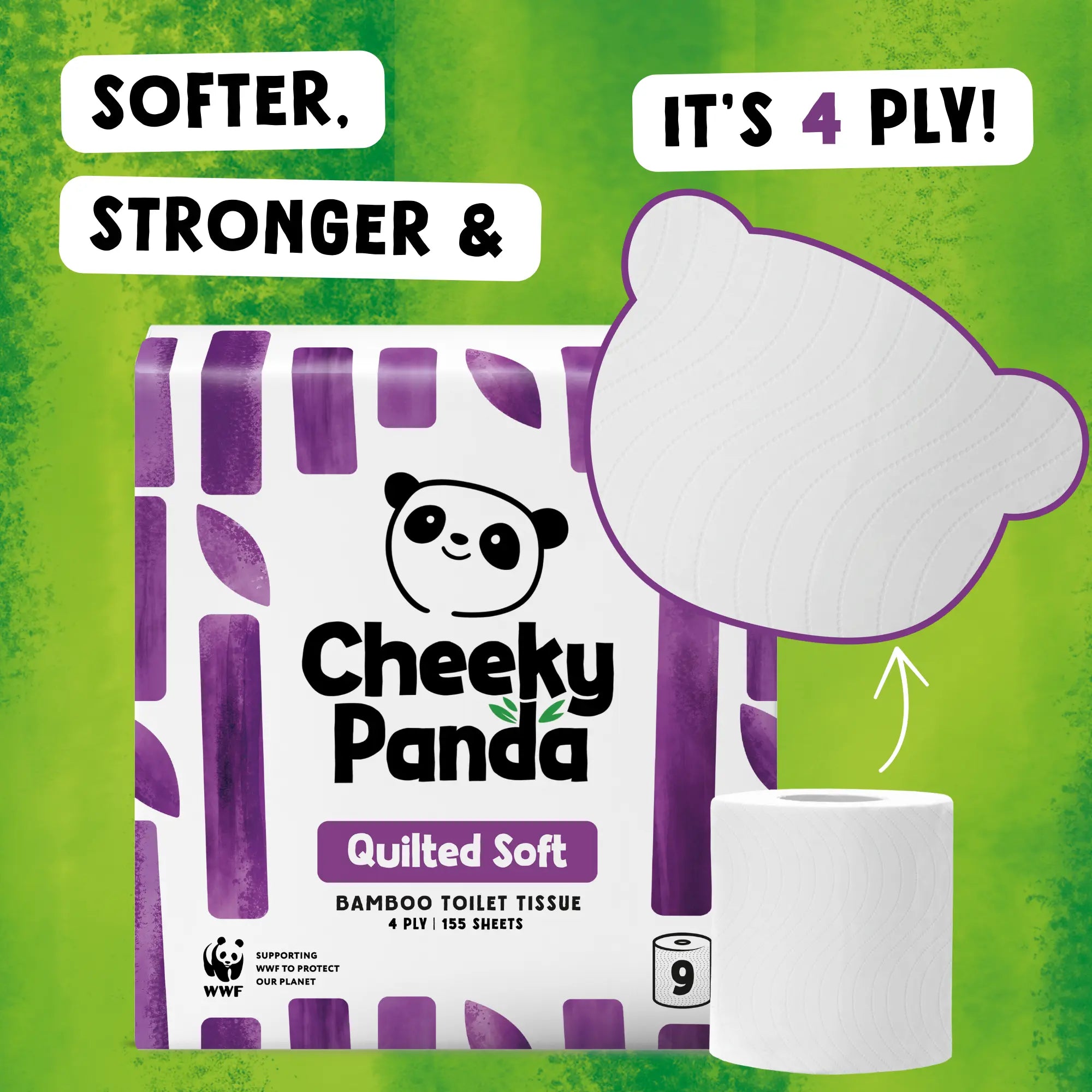 Cheeky Panda Quilted Soft bamboo toilet tissue 9-roll pack with text 'Softer, Stronger & It's 4 Ply!'.