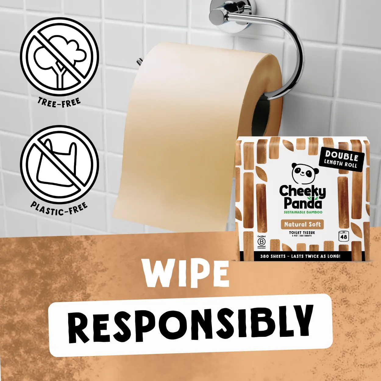 Roll of toilet paper and Cheeky Panda toilet paper on a tiled wall background with 'Wipe Responsibly' text.