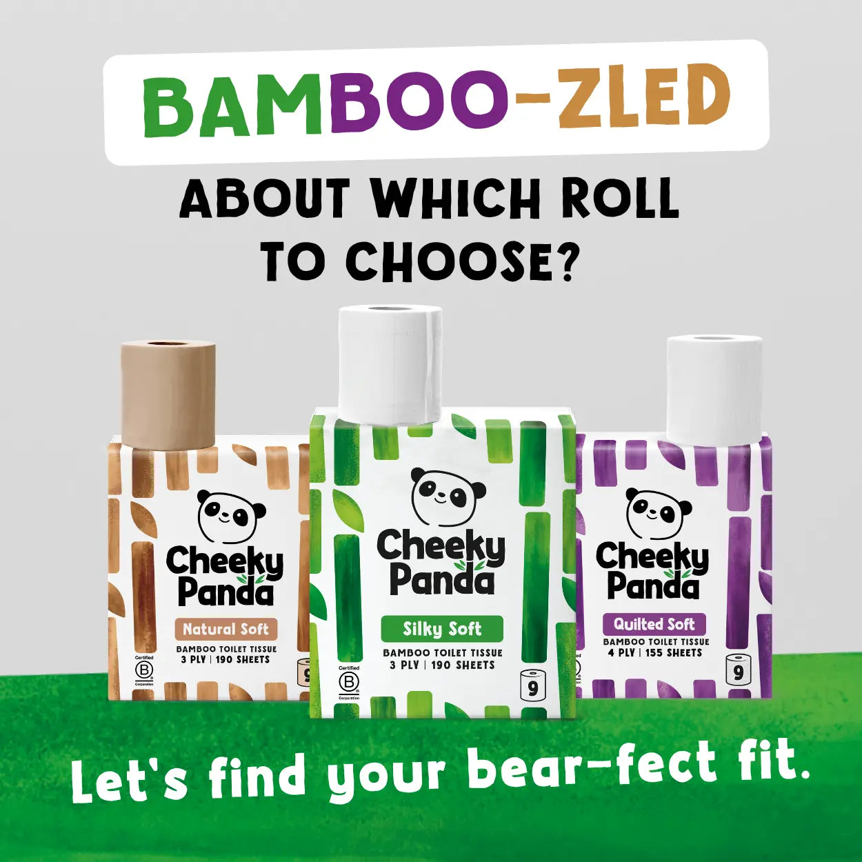 Three rolls of Bamboo-Zled toilet tissue from the Cheeky Panda brand are displayed side-by-side against a light gray background with promotional text. The left roll is brown and labeled 'Nature Soft', the middle roll is green and labeled 'Silky Soft', and the right roll is purple and labeled 'Quilted Soft'.