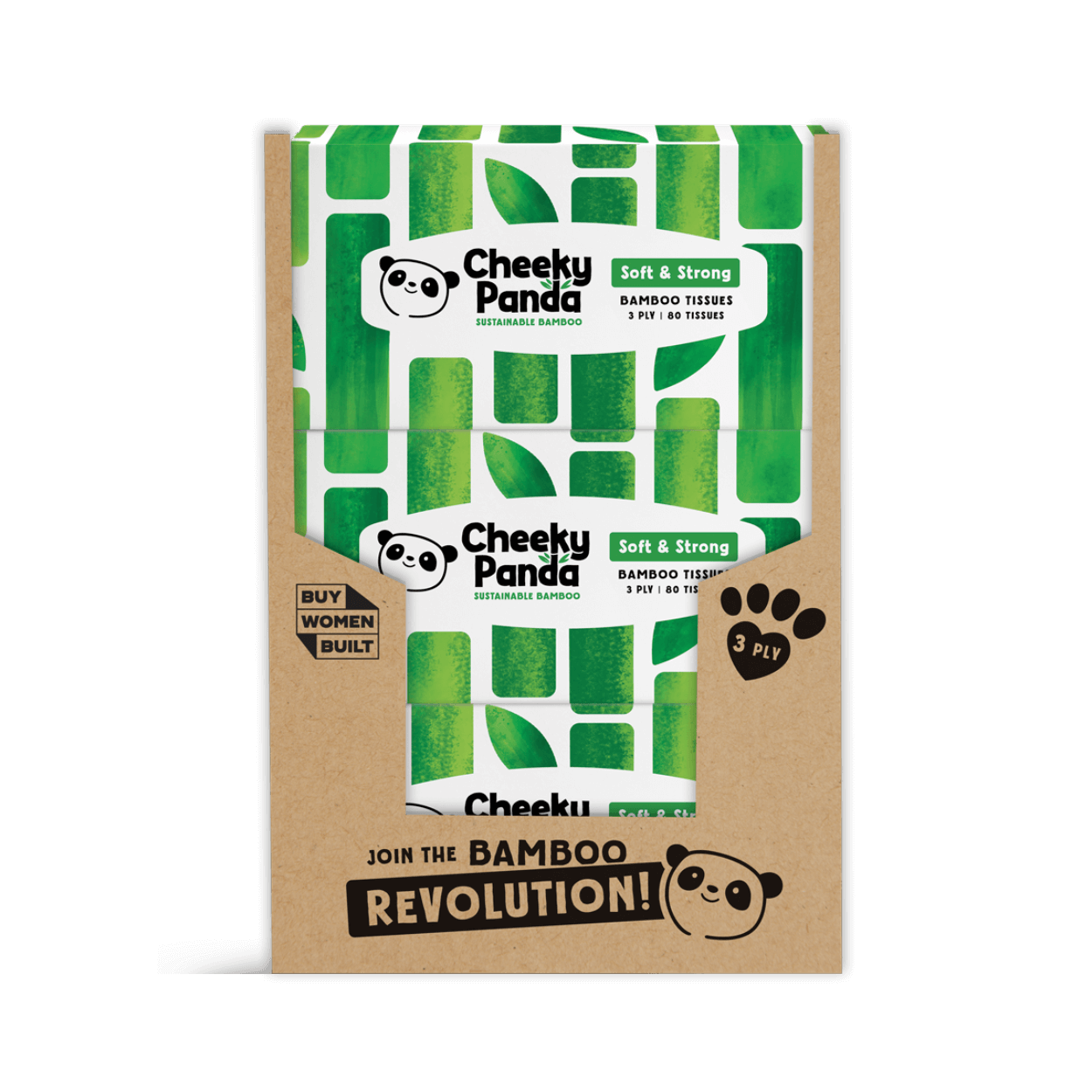 Cheeky Panda bamboo tissue packaging with green and brown design