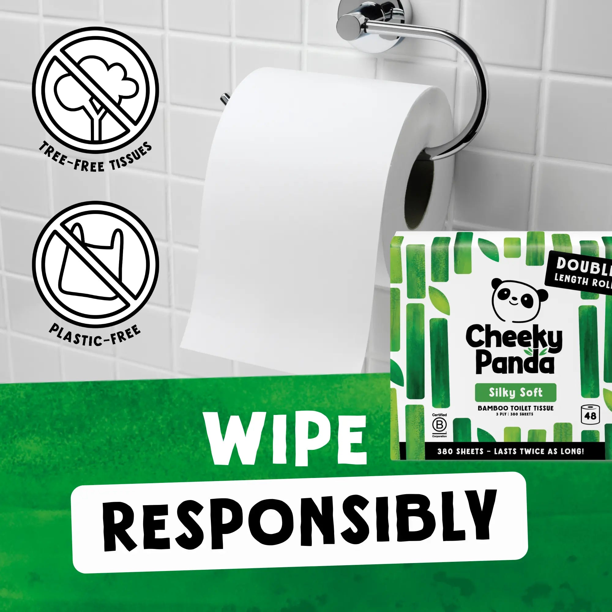 Cheeky Panda toilet roll on a holder, with a pack of 48 rolls, promoting 'Wipe responsibly'.
