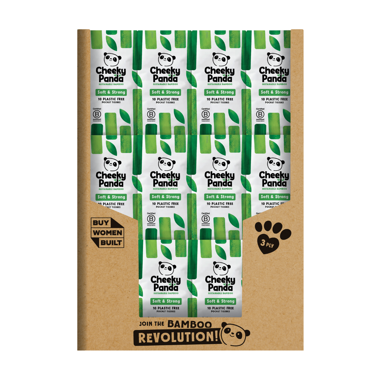 Packaging of Cheeky Panda pocket tissues with green and white design in a brown cardboard box