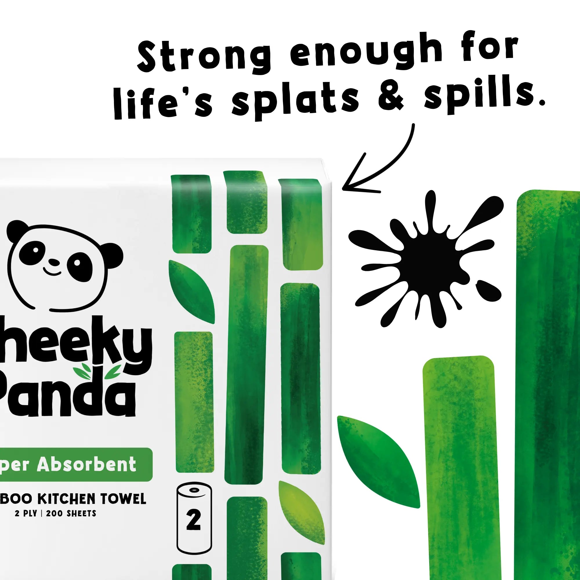 Cheeky Panda kitchen towel packaging with a black splat graphic and text 'Strong enough for life's splats & spills'.