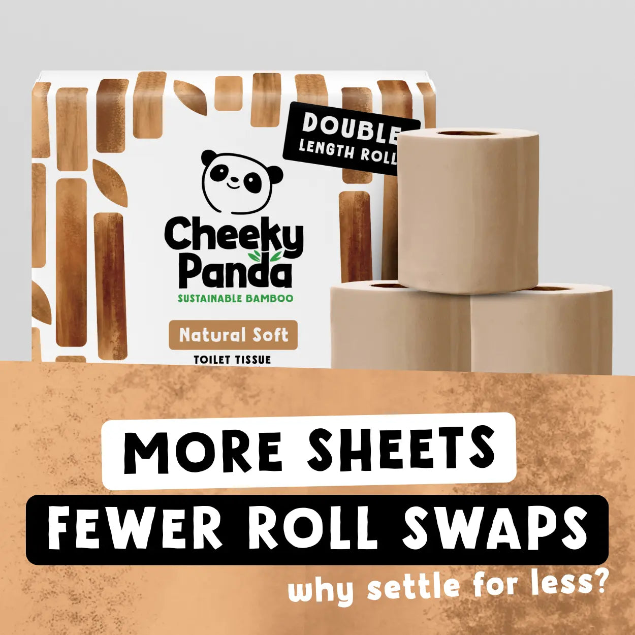 Cheeky Panda toilet paper packaging with text highlighting product features.