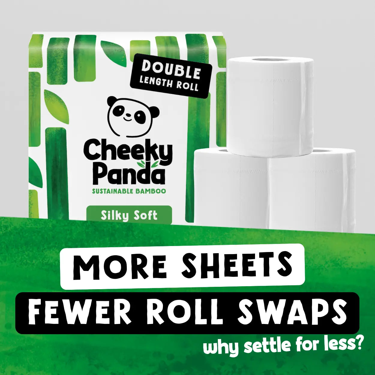 Cheeky Panda bamboo toilet paper with packaging and text on a green and white background