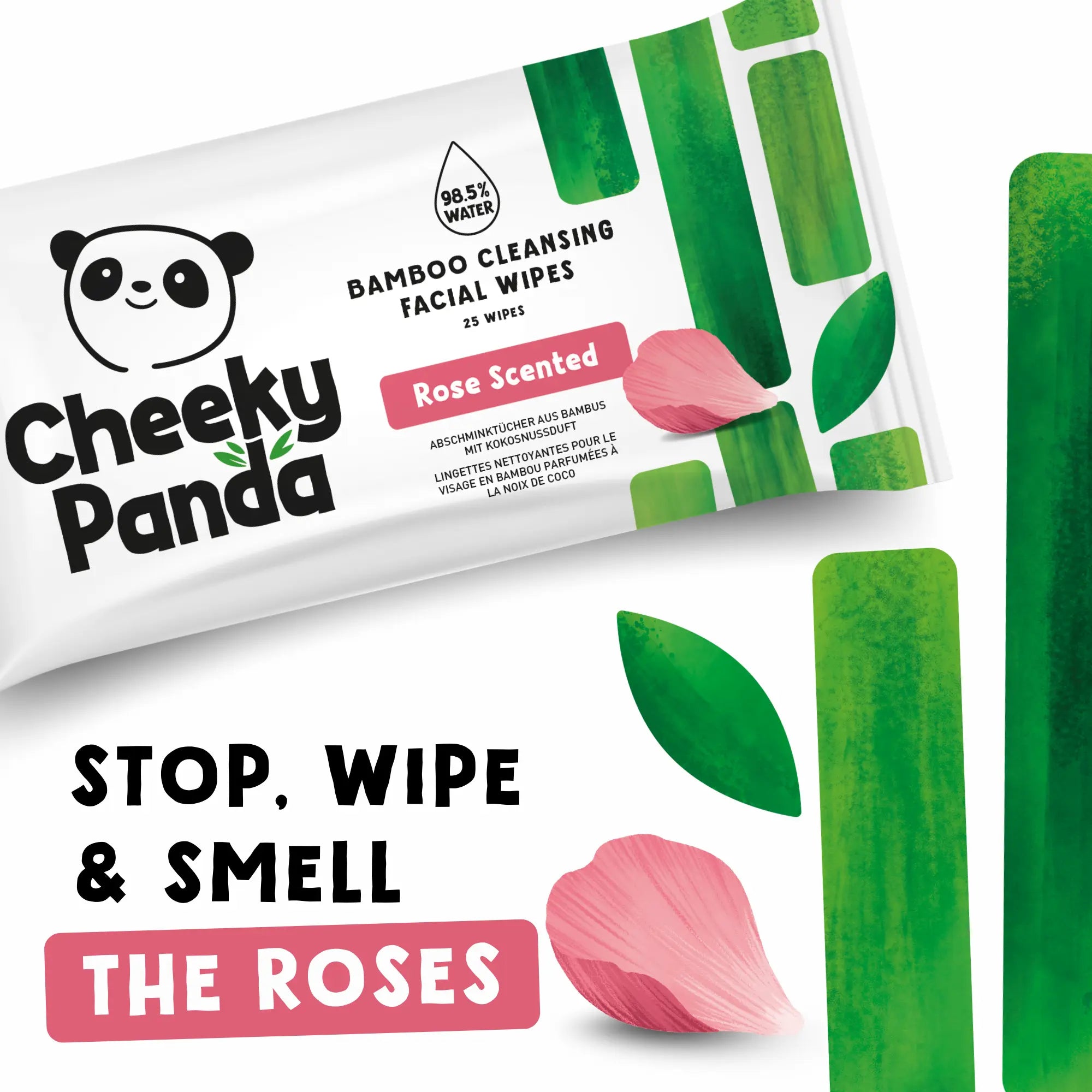 Close-up of Cheeky Panda rose scented facial wipes packaging with text 'Stop, wipe & smell the roses'.